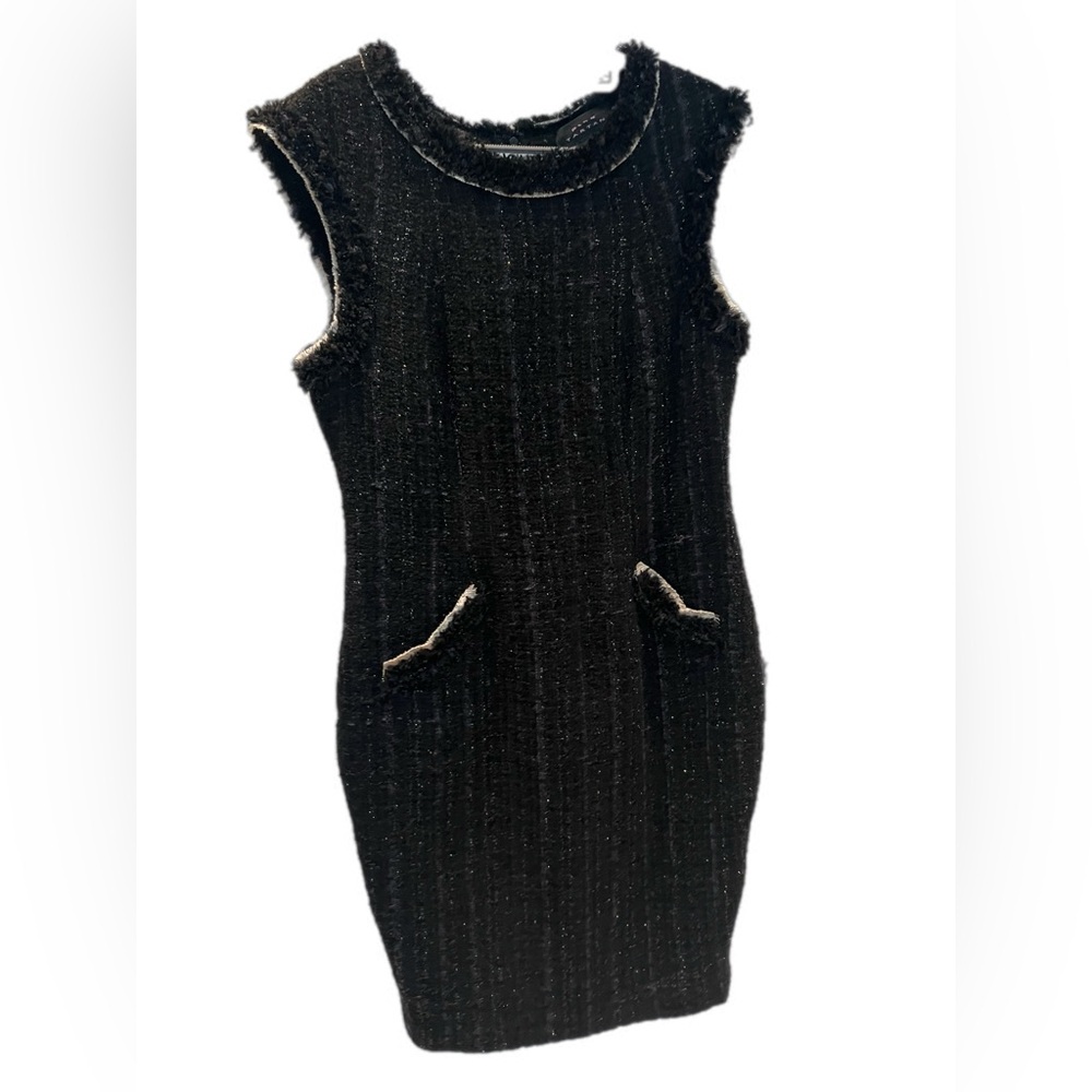 Pink Tartan wool tweed black with white contrast sleeveless knee-length dress 10